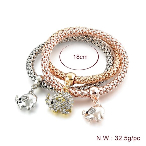 Set of 3 Braided Metal Charm Bracelets with Crystal Elephant Pendants - Picture 2 of 14